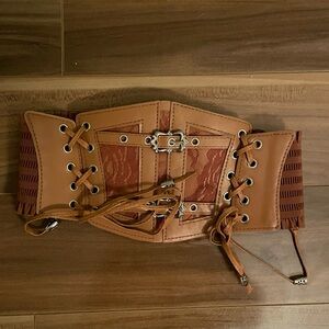 Brown Lace-Up Corset Waist Belt | Faux Leather & Lace |